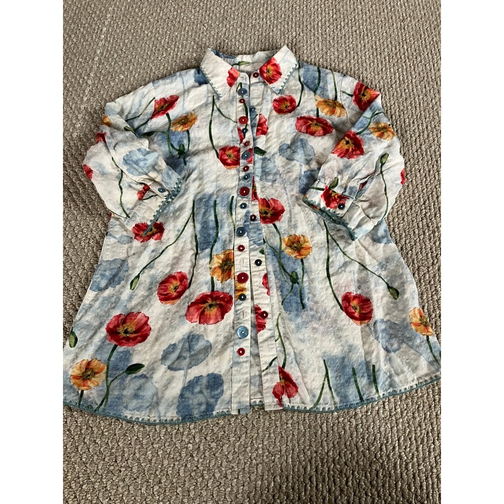 Ethyl Clothing S Floral Whimsical Button Front Shirt 100% Cotton Artisan Top